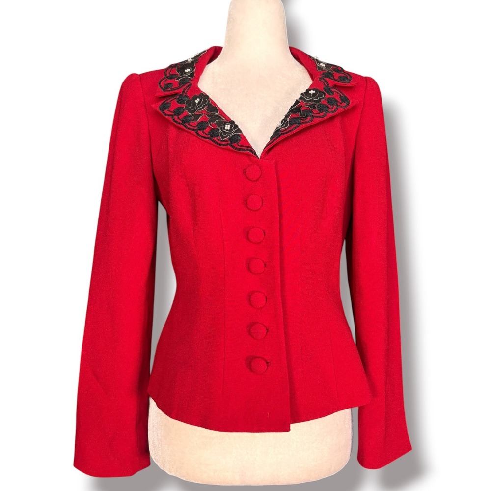Vintage Red Black Floral Embroidered Pearl Applique Fitted Blazer Dark Romance